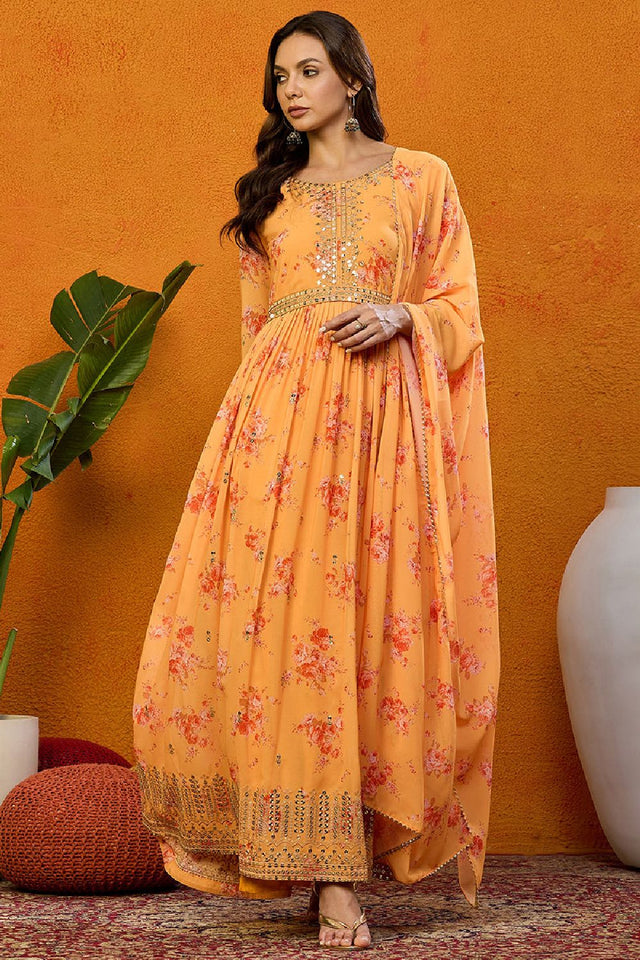 Orange Georgette Floral Printed Flared Anarkali Suit Set