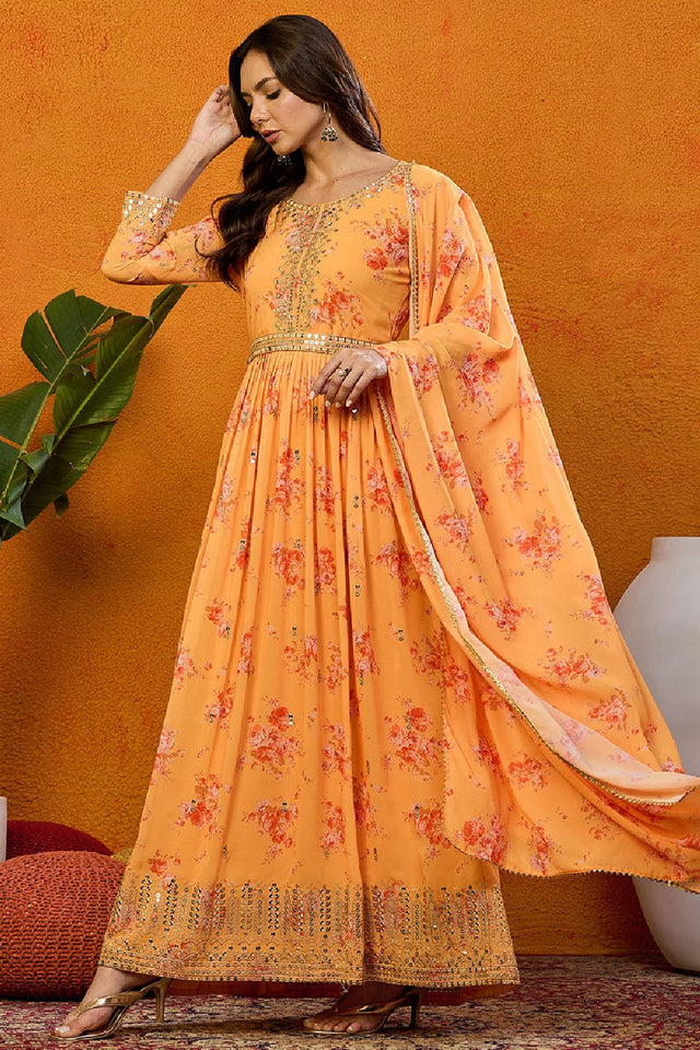 Orange Georgette Floral Printed Flared Anarkali Suit Set