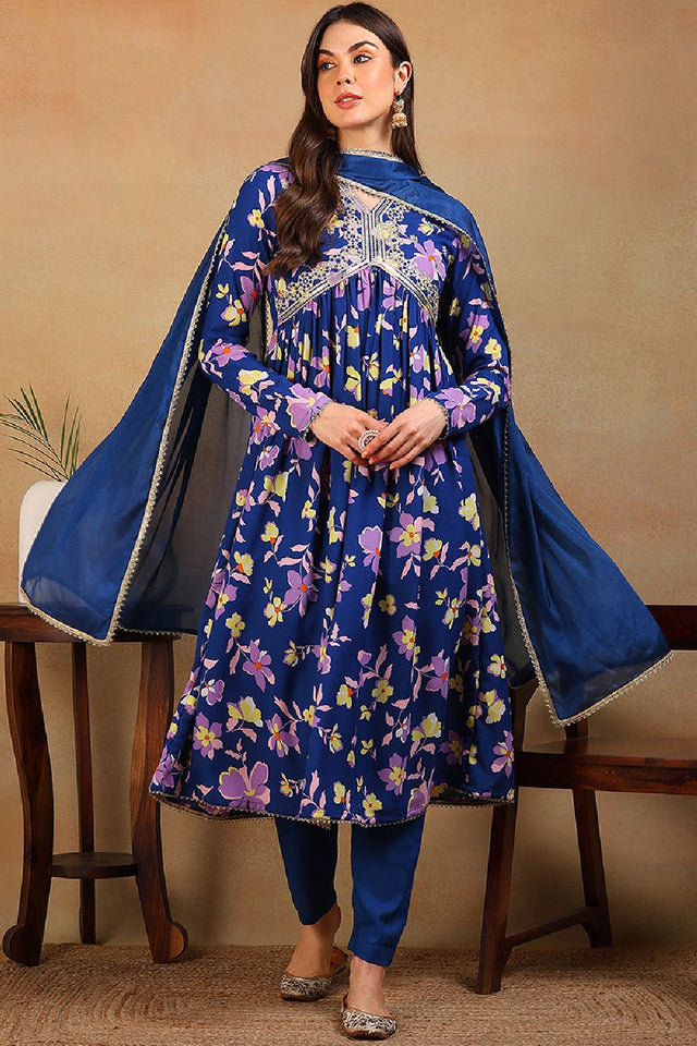 Blue Poly Georgette Floral Printed Flared Anarkali Suit Set