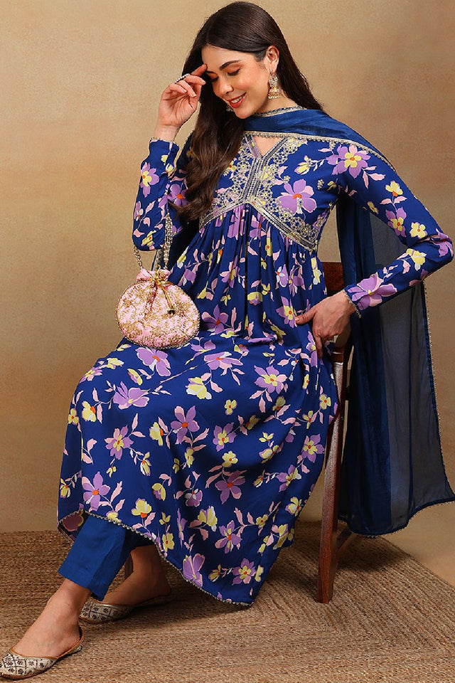 Blue Poly Georgette Floral Printed Flared Anarkali Suit Set