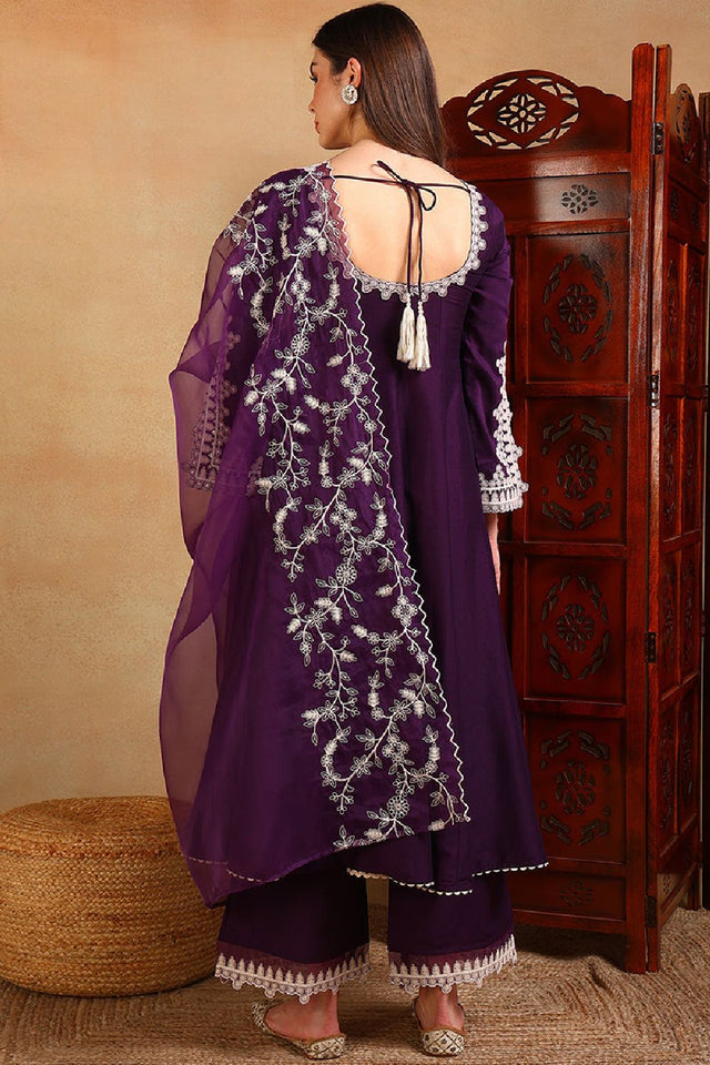 Purple Silk Blend Solid Embroidered Flared Anarkali Suit Set
