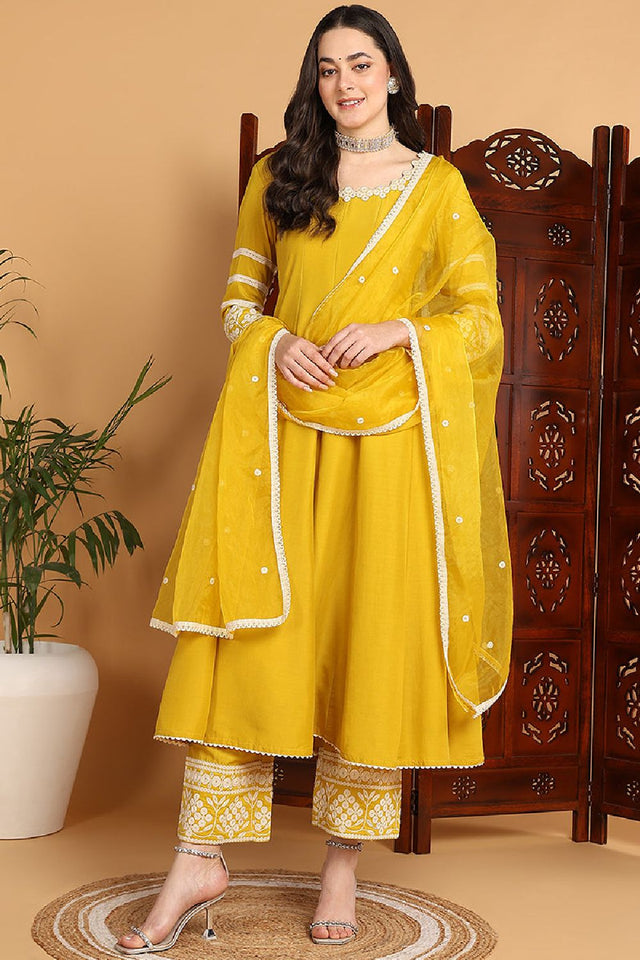 Yellow Silk Blend Solid Embroidered Anarkali Suit Set