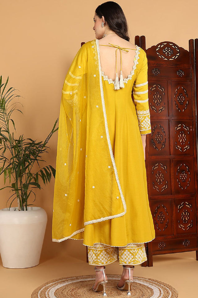 Yellow Silk Blend Solid Embroidered Anarkali Suit Set
