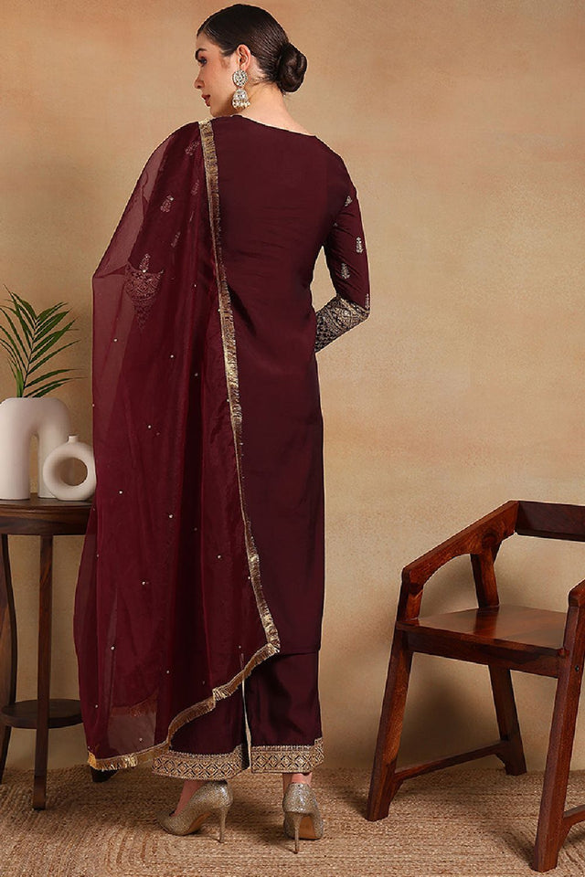 Burgundy Silk Blend Solid Embroidered Straight Cut Regular Suit Set