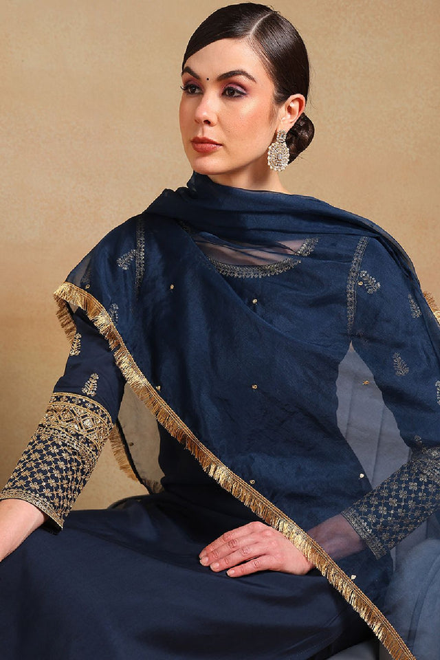 Teal Silk Blend Solid Embroidered Straight Cut Regular Suit Set