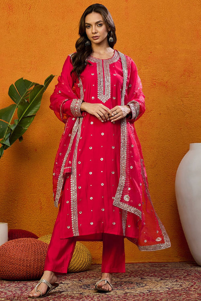 Red Silk Blend Solid Embroidered Straight Cut Suit Set