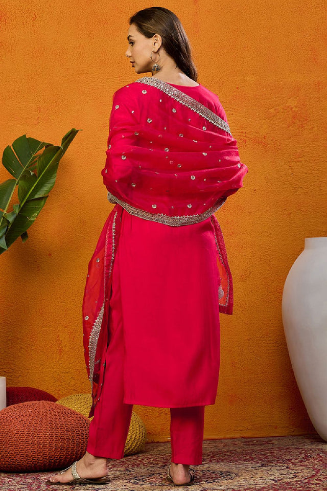 Red Silk Blend Solid Embroidered Straight Cut Suit Set