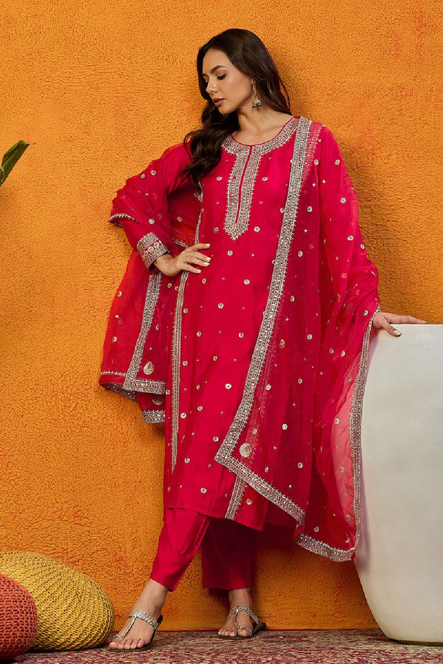 Red Silk Blend Solid Embroidered Straight Cut Suit Set