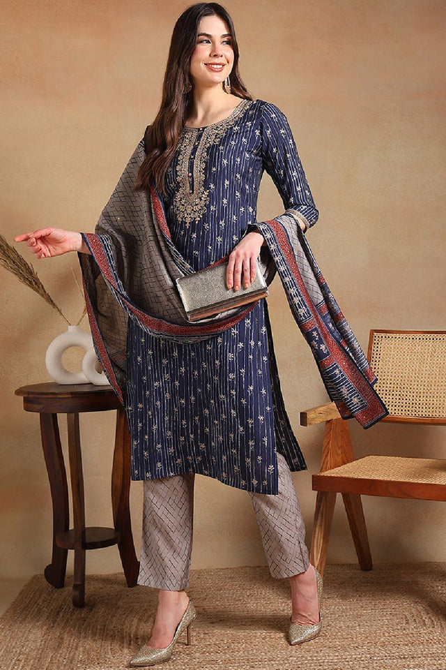 Navy Blue Silk Blend Embroidered Straight Cut Suit Set