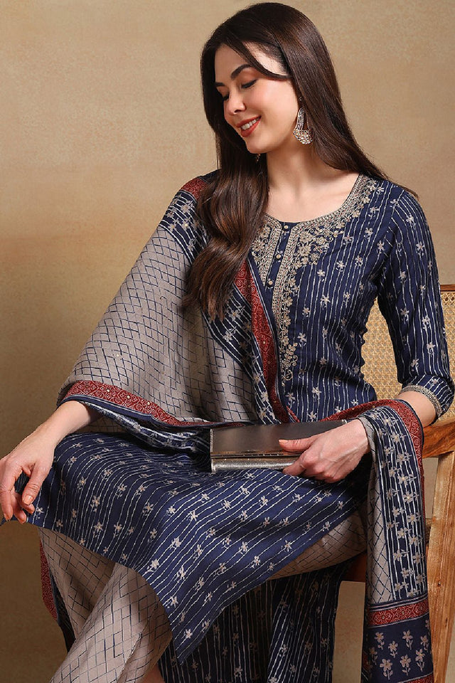 Navy Blue Silk Blend Embroidered Straight Cut Suit Set