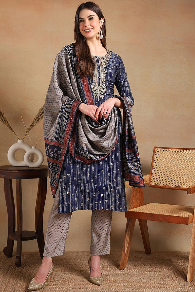 Navy Blue Silk Blend Embroidered Straight Cut Suit Set