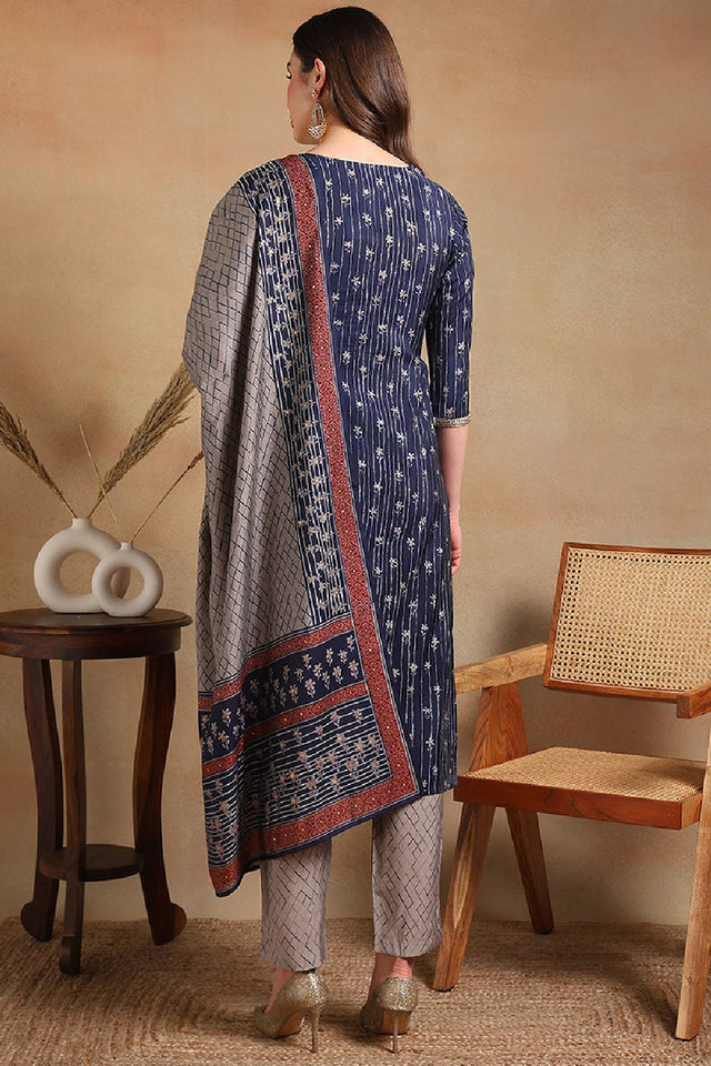 Navy Blue Silk Blend Embroidered Straight Cut Suit Set