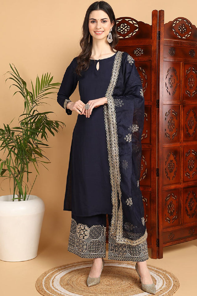 Navy Blue Silk Blend Solid Embroidered Straight Cut Suit Set