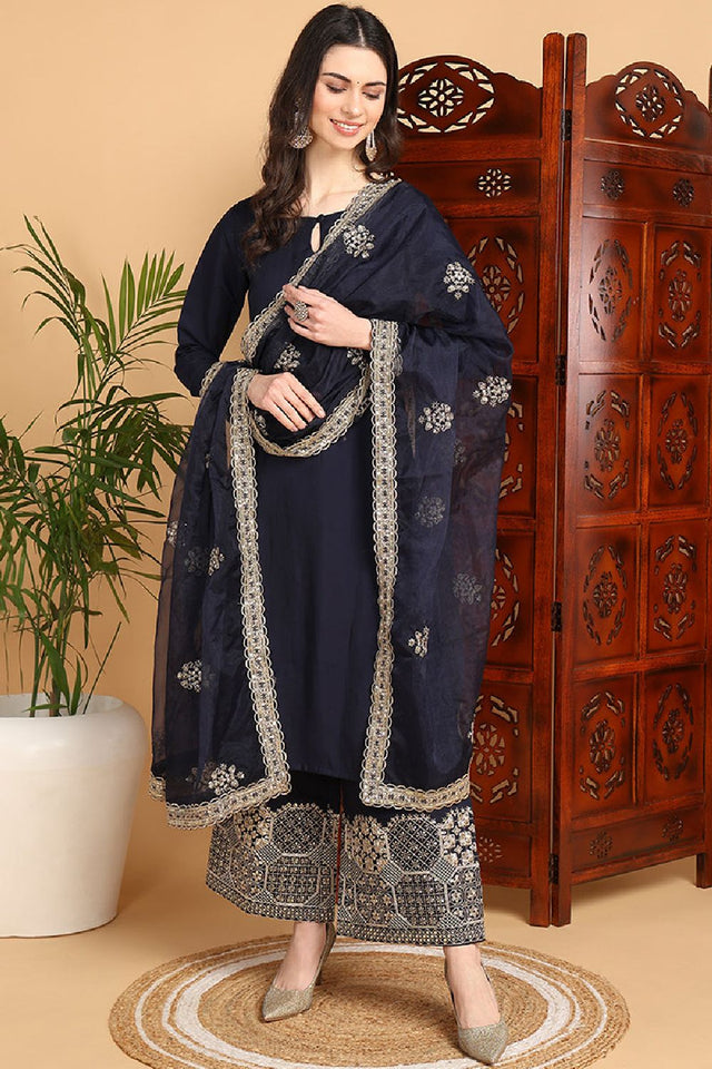 Navy Blue Silk Blend Solid Embroidered Straight Cut Suit Set