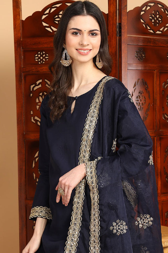 Navy Blue Silk Blend Solid Embroidered Straight Cut Suit Set