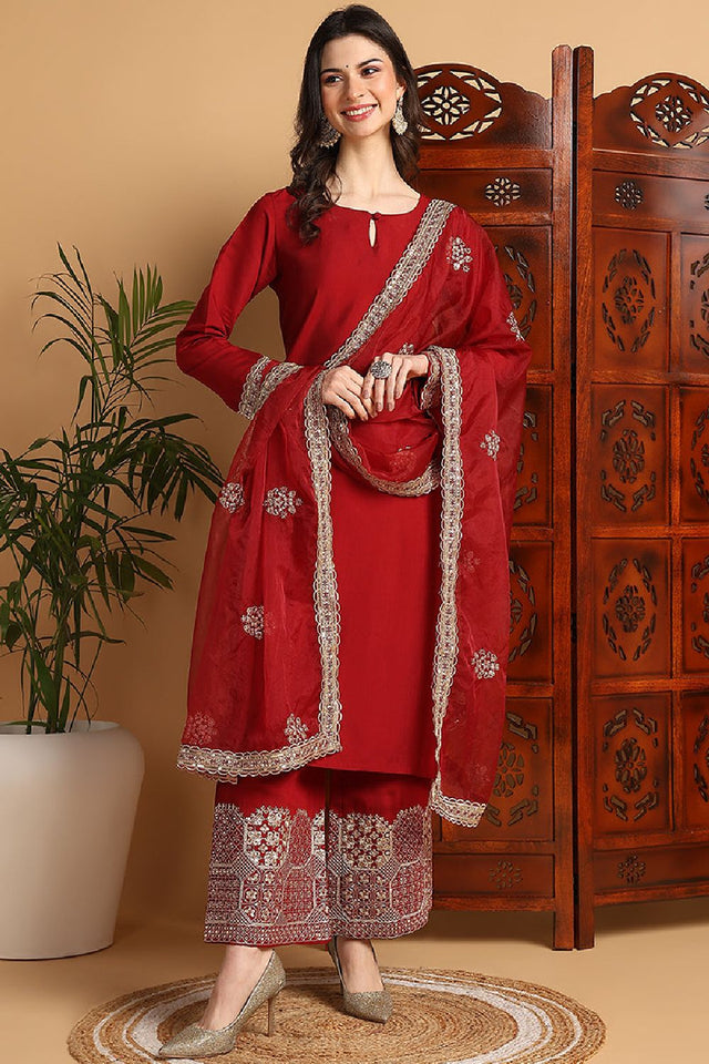 Maroon Silk Blend Solid Embroidered Straight Cut Suit Set