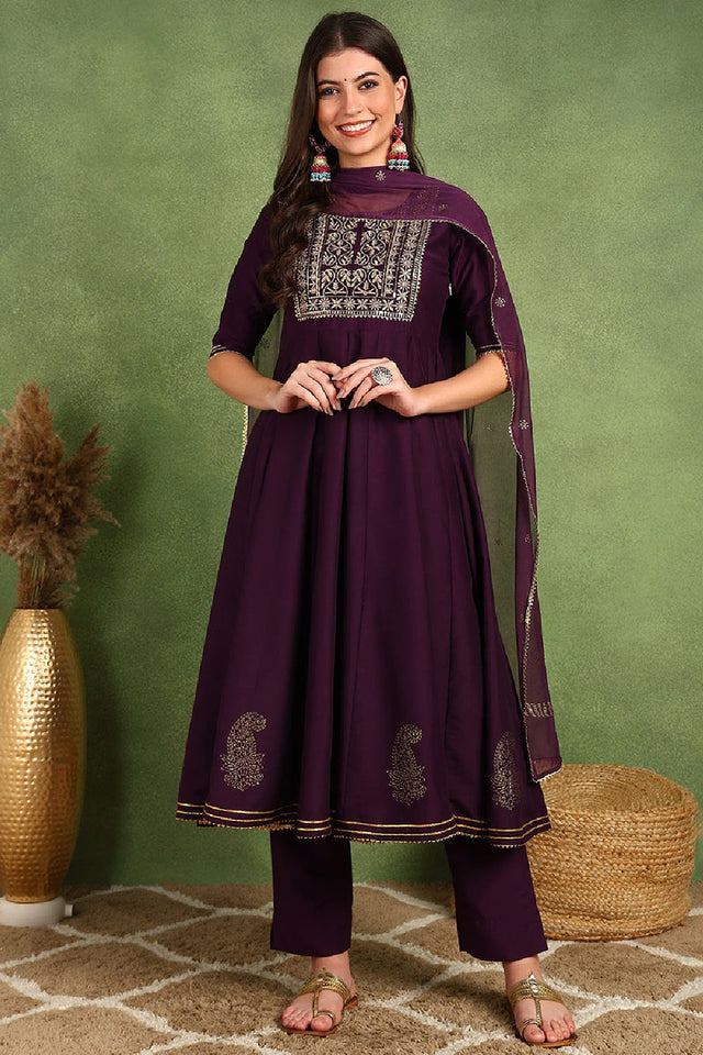 Purple Silk Blend Woven Design Embroidered Flared Anarkali Suit Set