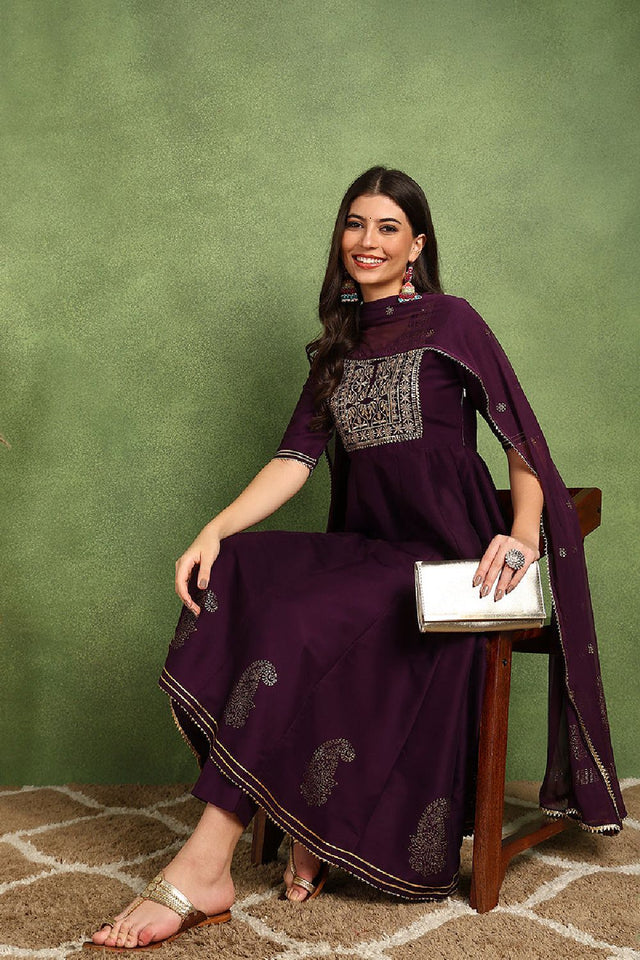 Purple Silk Blend Woven Design Embroidered Flared Anarkali Suit Set