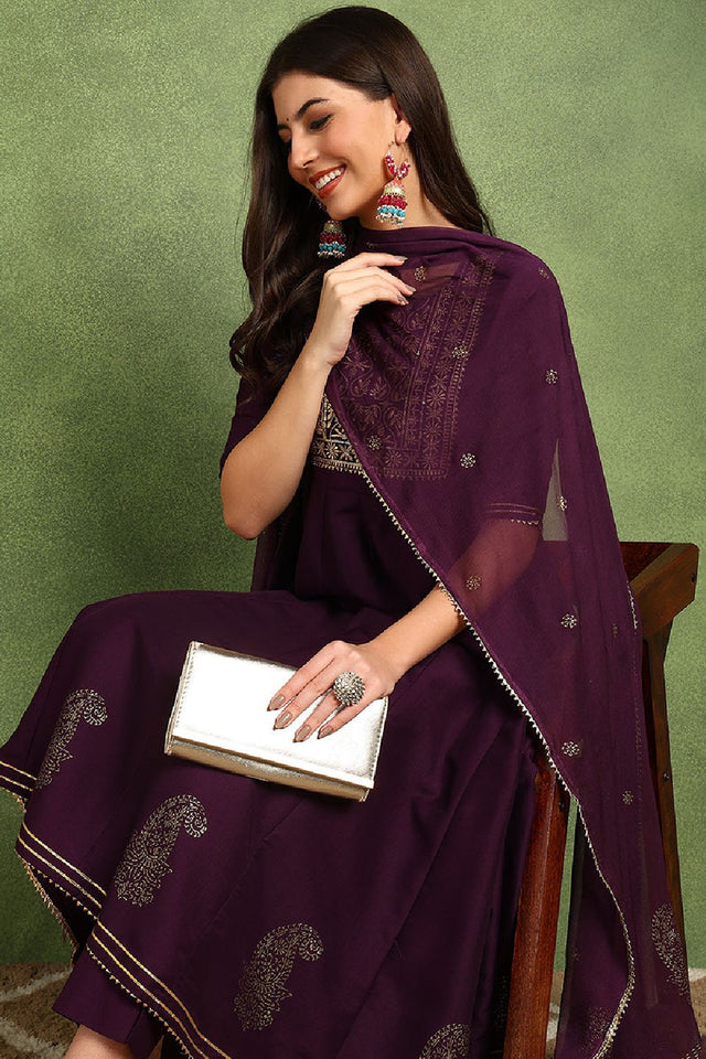 Purple Silk Blend Woven Design Embroidered Flared Anarkali Suit Set