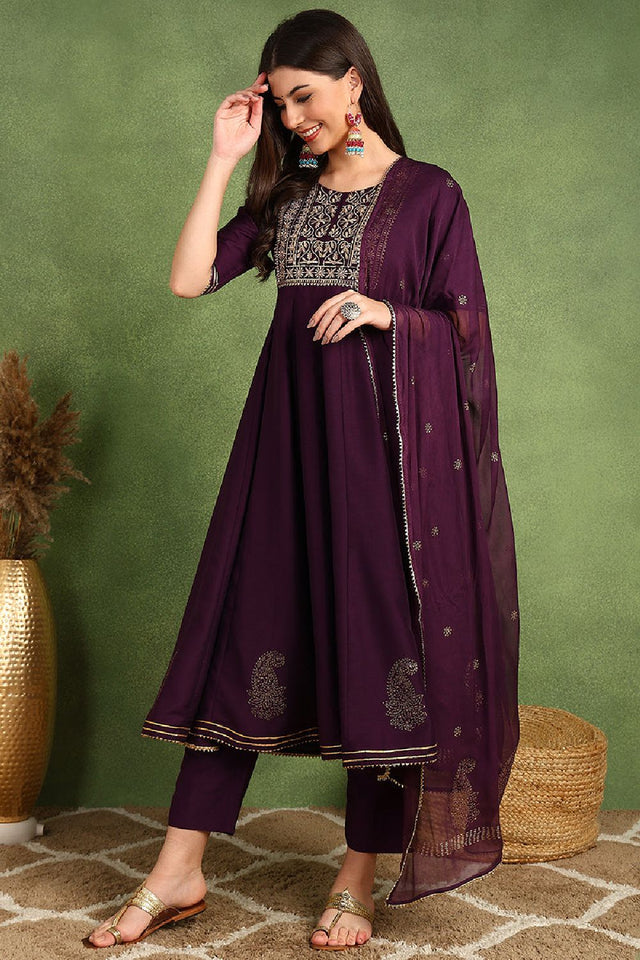 Purple Silk Blend Woven Design Embroidered Flared Anarkali Suit Set