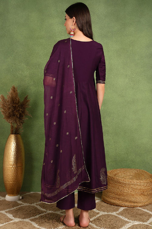 Purple Silk Blend Woven Design Embroidered Flared Anarkali Suit Set