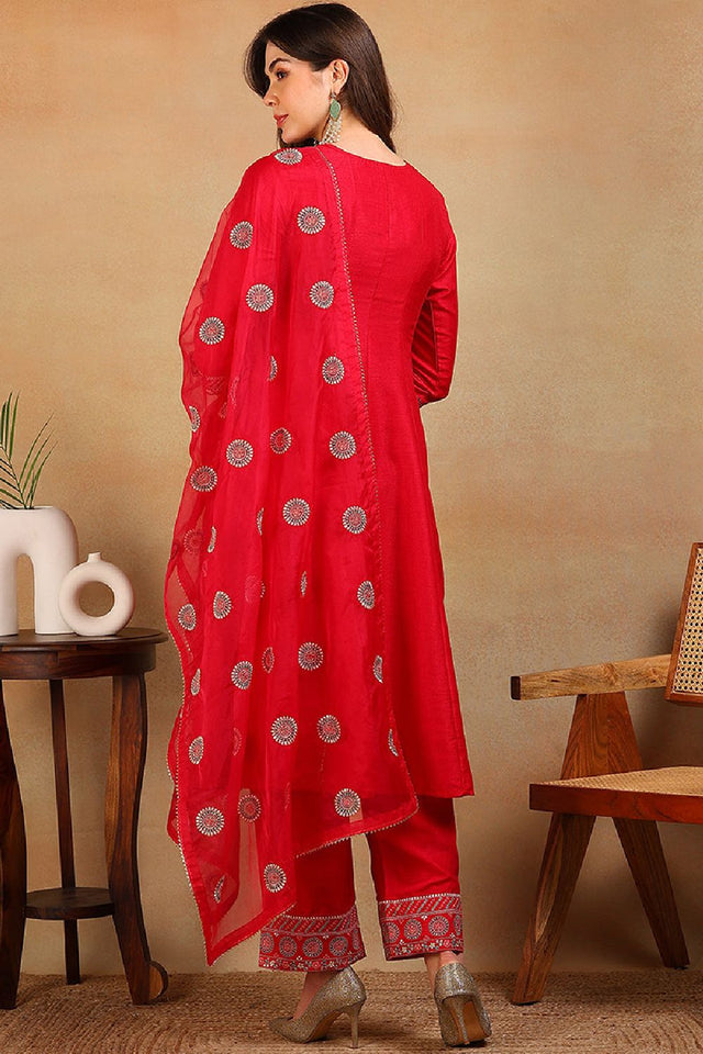Red Silk Blend Solid Embroidered Flared Empire Anarkali Suit Set