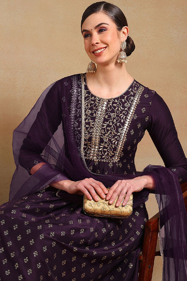 Purple Silk Blend Solid Woven Design Flared Empire Anarkali Suit Set