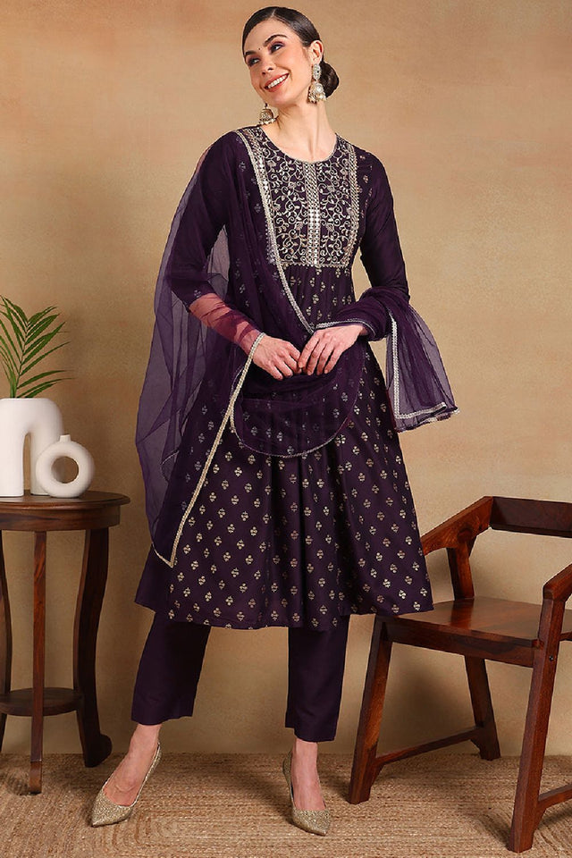 Purple Silk Blend Solid Woven Design Flared Empire Anarkali Suit Set