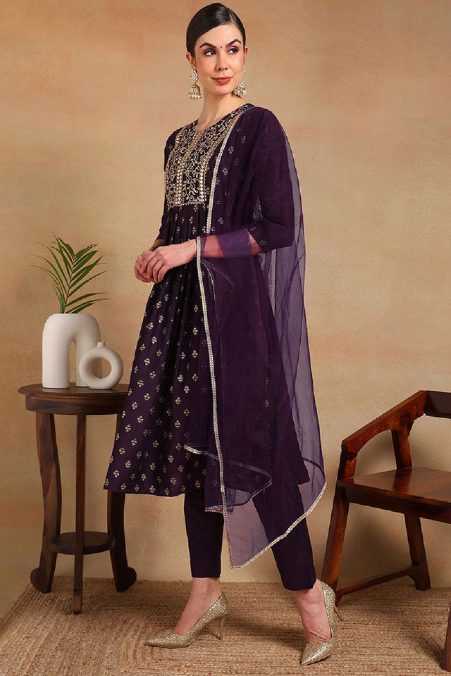 Purple Silk Blend Solid Woven Design Flared Empire Anarkali Suit Set