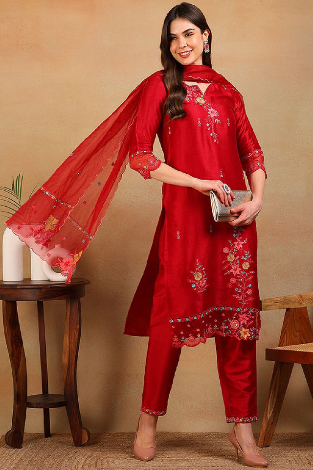 Red Silk Blend Solid Embroidered Straight Cut Regular Suit Set