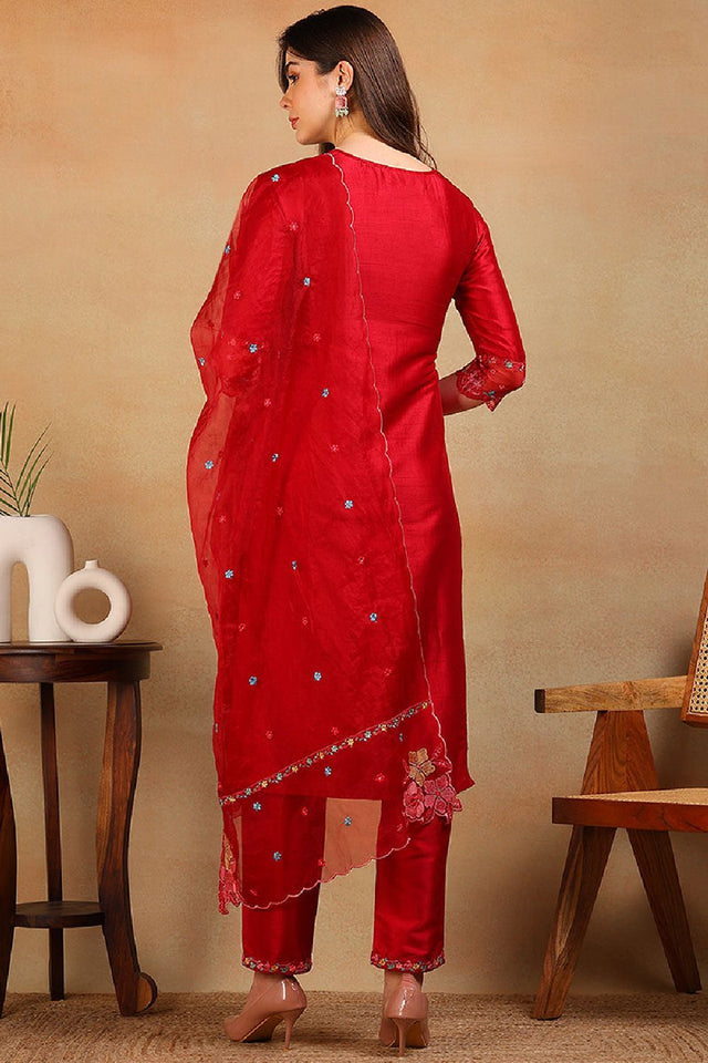 Red Silk Blend Solid Embroidered Straight Cut Regular Suit Set