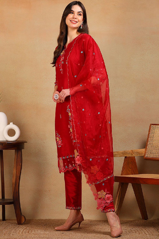 Red Silk Blend Solid Embroidered Straight Cut Regular Suit Set
