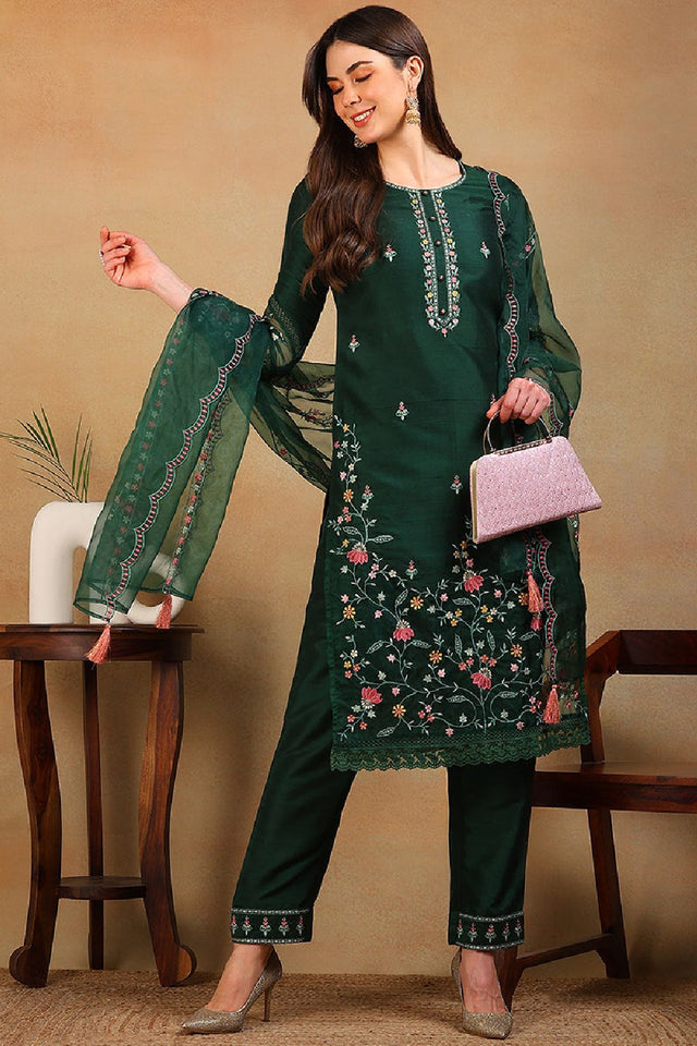 Olive Green Silk Blend Solid Embroidered Straight Cut Suit Set
