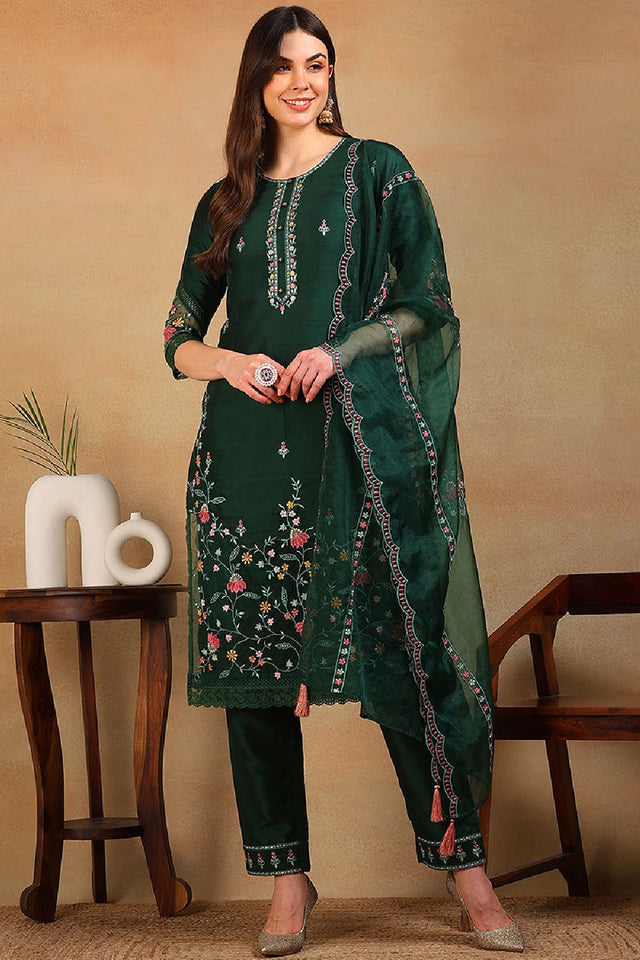 Olive Green Silk Blend Solid Embroidered Straight Cut Suit Set