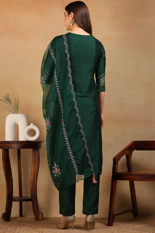 Olive Green Silk Blend Solid Embroidered Straight Cut Suit Set