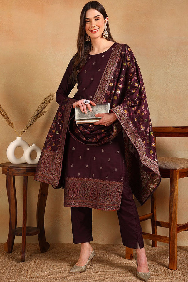 Burgundy Poly Chanderi Woven Design Straight Cut Suit Set