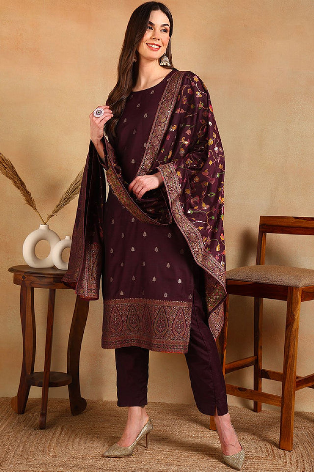 Burgundy Poly Chanderi Woven Design Straight Cut Suit Set