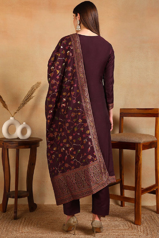 Burgundy Poly Chanderi Woven Design Straight Cut Suit Set