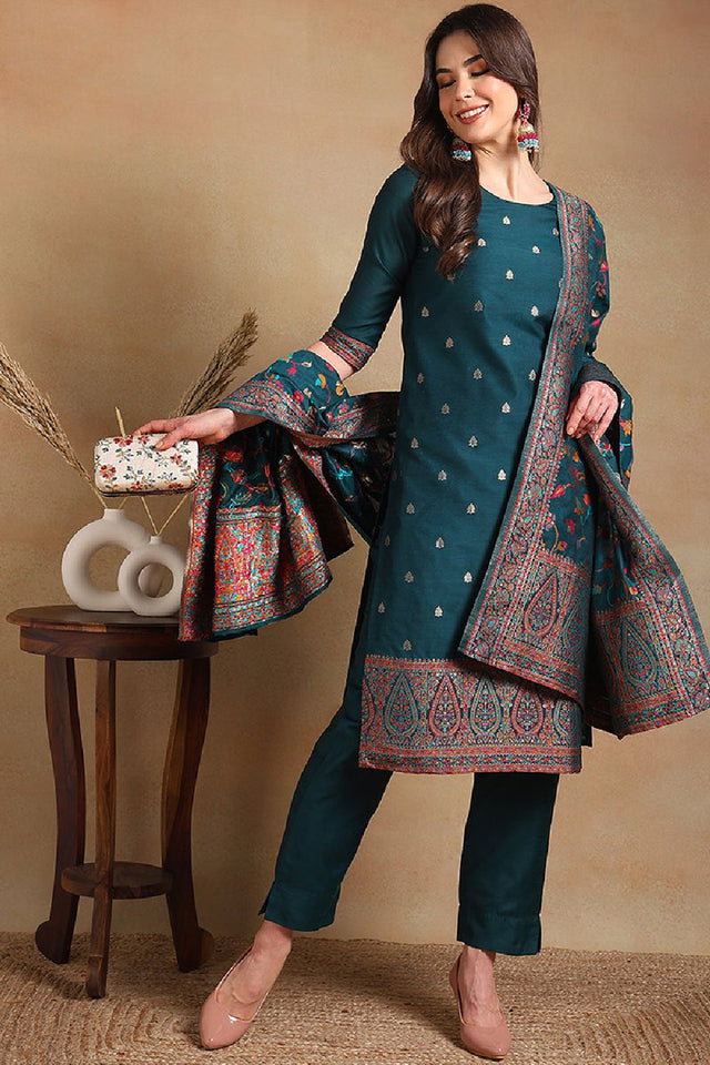 Teal Poly Chanderi Woven Design Straight Cut Suit Set