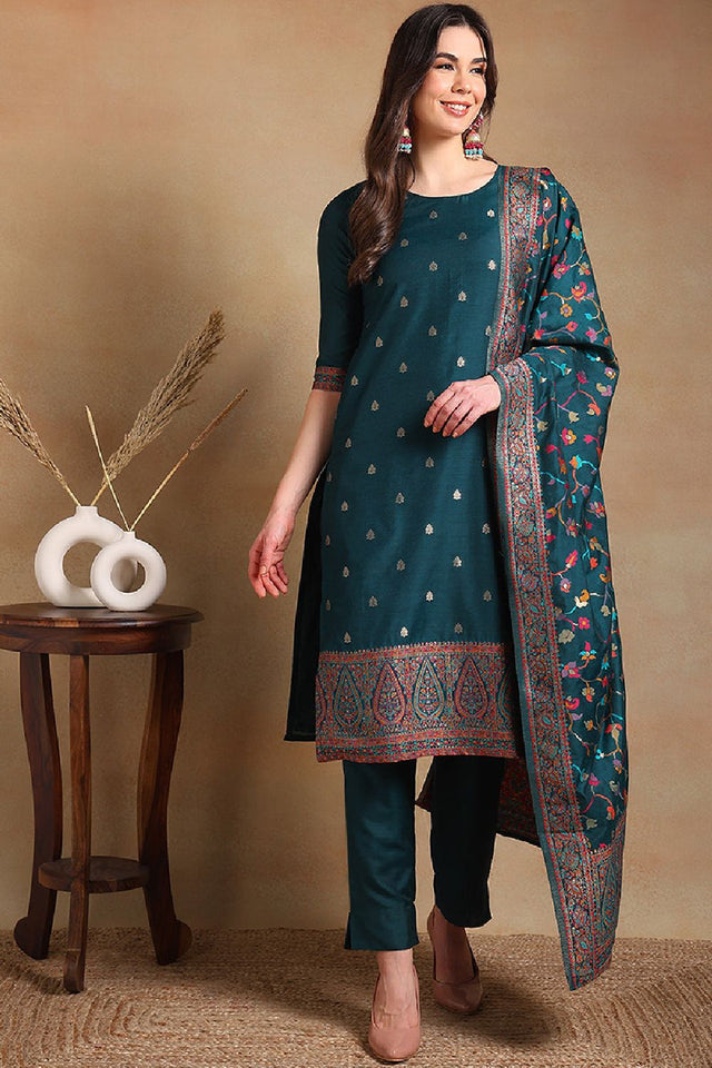 Teal Poly Chanderi Woven Design Straight Cut Suit Set