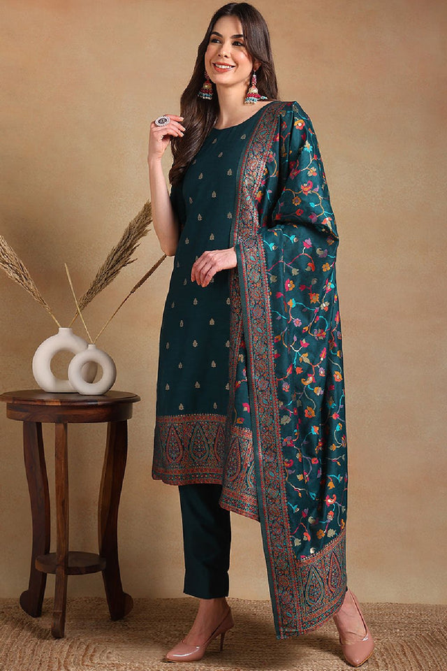 Teal Poly Chanderi Woven Design Straight Cut Suit Set