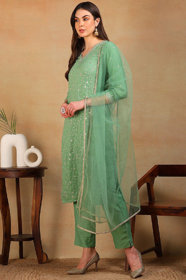 Green Silk Blend Solid Embroidered Straight Cut Suit Set