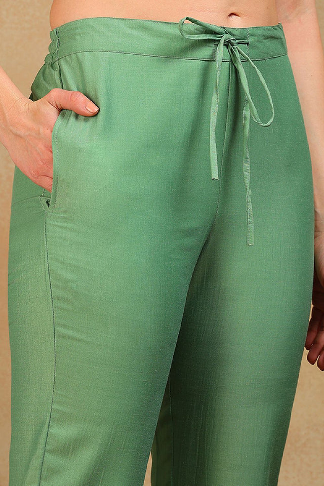 Green Silk Blend Solid Embroidered Straight Cut Suit Set