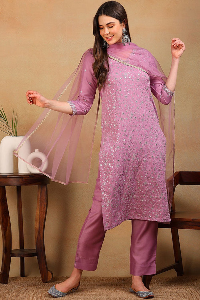 Lavender Silk Blend Solid Embroidered Straight Cut Suit Set