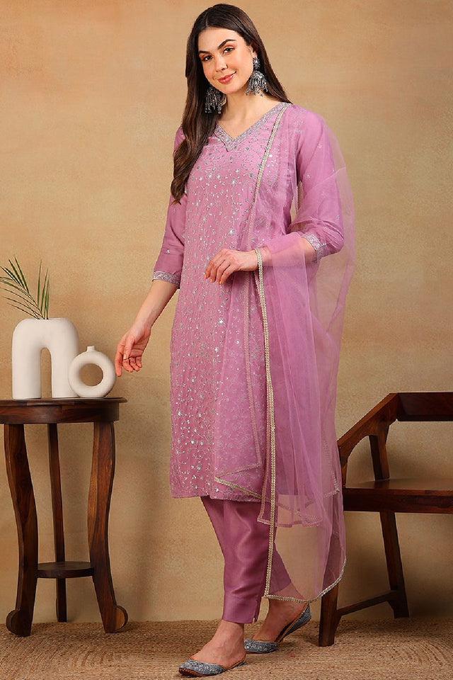 Lavender Silk Blend Solid Embroidered Straight Cut Suit Set