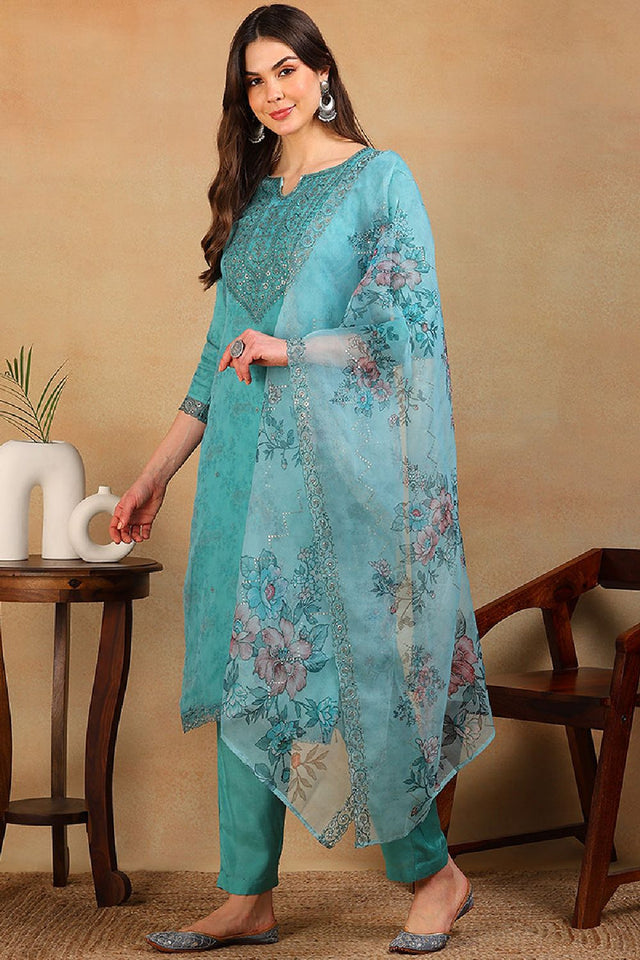 Turquoise Blue Organza Floral Embroidered Straight Cut Regular Suit Set