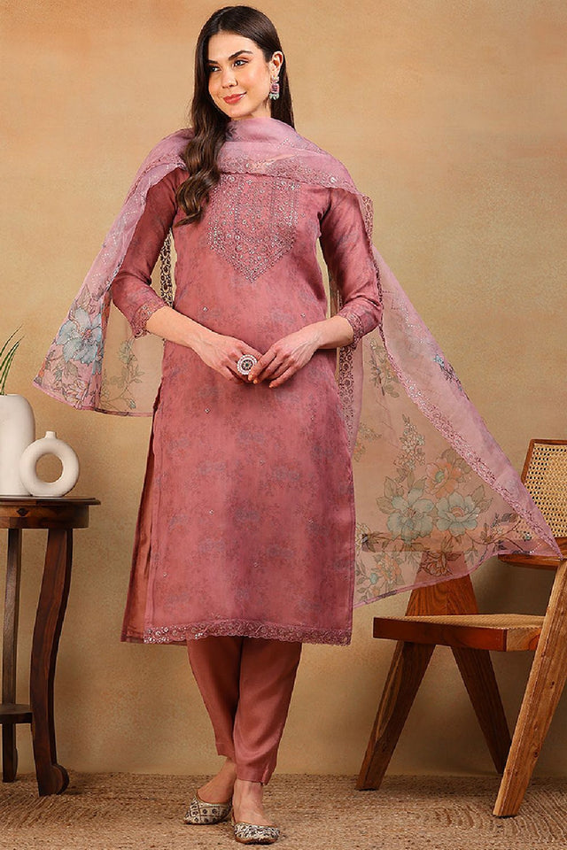 Mauve Organza Floral Embroidered Straight Cut Regular Suit Set