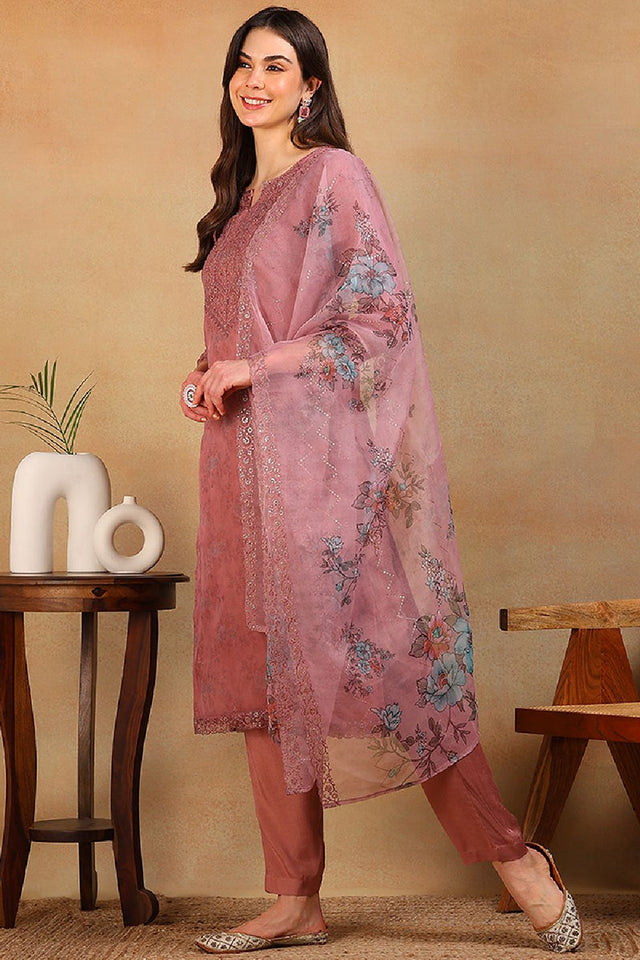Mauve Organza Floral Embroidered Straight Cut Regular Suit Set