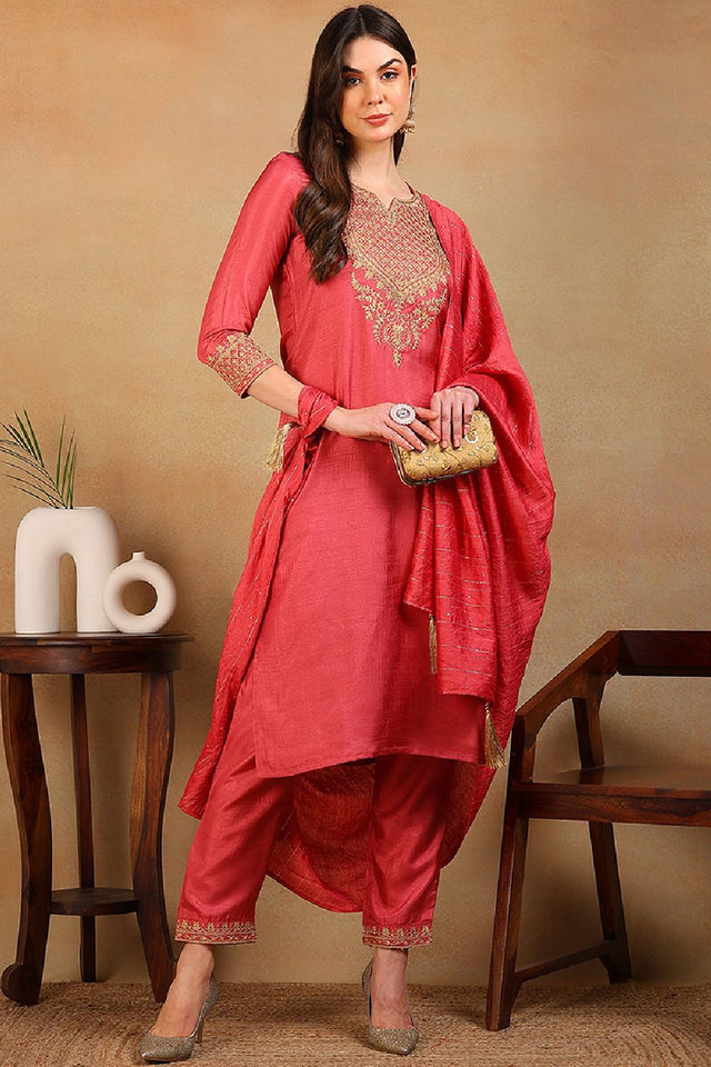 Rust Silk Blend Solid Embroidered Straight Cut Suit Set