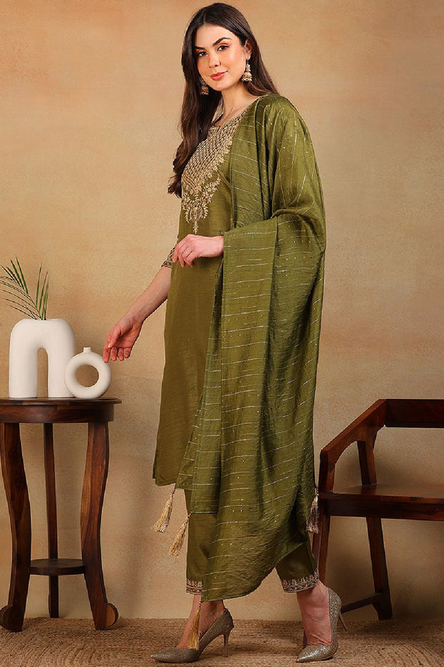 Olive Silk Blend Solid Embroidered Straight Cut Suit Set
